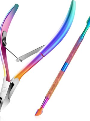 Cuticle Trimmer with Cuticle Pusher, Cuticle Remover Professional Stainless Steel Cuticle Cutter Nippers Rainbow Sharp Sturdy Pedicure Manicure Tools for Fingernails and Toenails 1