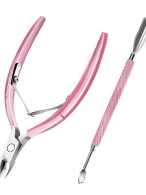 Cuticle Trimmer with Cuticle Pusher and Scissors, Cuticle Remover Professional Durable Pedicure Manicure Tools, Stainless Steel Cuticle Nipper Cutter Clipper (Pink Pusher)