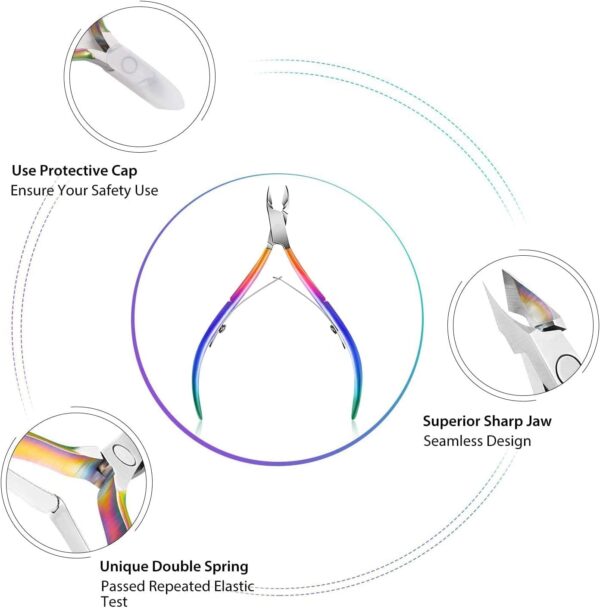 Cuticle Trimmer with Cuticle Pusher, Cuticle Remover Professional Stainless Steel Cuticle Cutter Nippers Rainbow Sharp Sturdy Pedicure Manicure Tools for Fingernails and Toenails 1