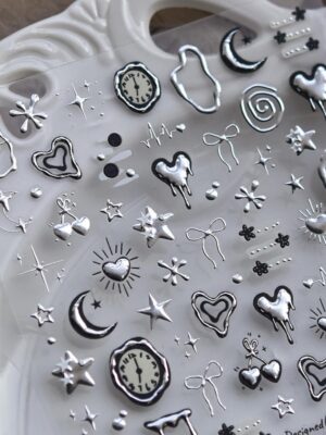 Silver Nail Art Stickers Heart Star Nail Decals with Metal Design 5D Embossed Self Adhesive Clock Nails Stickers Charms Supply for Women Manicure DIY Decorations