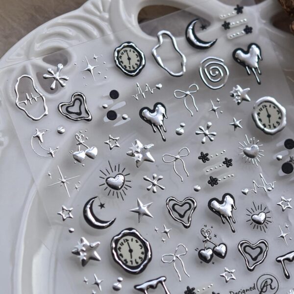 Silver Nail Art Stickers Heart Star Nail Decals with Metal Design 5D Embossed Self Adhesive Clock Nails Stickers Charms Supply for Women Manicure DIY Decorations