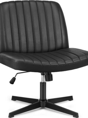 Criss Cross Chairs No Wheels, Wide Seat Height Cross Legged Adjustable Swivel Chair,Padded PU Leather Armless Desk Chair for Home Office Bedroom, Student, Study Room, Black Dual Base