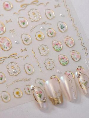 5D Embossed Flower Nail Art Stickers Tulip Glue Irregular Geometric Frames Nail Stickers Gold Hollow Designs Nail Decals Supplies Self Adhesive  Nails Sticker DIY Acrylic Nail Accessories