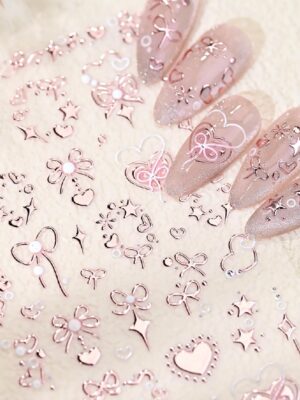 Valentine's 5D Embossed Nail Art Stickers - Romantic Rose Gold & Pink Nail Decals with Bronzing Bow Heart Designs
