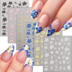 Hibiscus Flower Nail Stickers, 6PCS Hibiscus Flowers Nail Decals 3D Self-Adhesive White Pink Colorful Hawaiian Floral Sticker for Nails Cherry Blossom Nail Design Summer Decoration Manicure