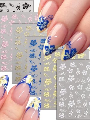 Hibiscus Flower Nail Stickers, 6PCS Hibiscus Flowers Nail Decals 3D Self-Adhesive White Pink Colorful Hawaiian Floral Sticker for Nails Cherry Blossom Nail Design Summer Decoration Manicure