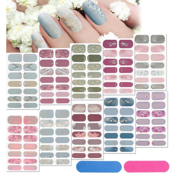 140 Pcs 10 Sheets Glitter Full Wrap Nail Stickers for Women UV Free Short Polish Strips with 2 Pcs Nail Files Gradient Stickers Self Adhesive Easy DIY Manicure Decals Strips for Holiday Decor