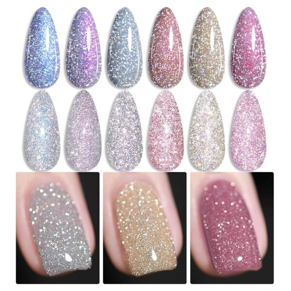 Reflective Glitter Gel Polish Gold Silver Glitter Sparkly Shiny Disco DJ LED Gel Nail Polish Nail Varnish 6PCS 7ML