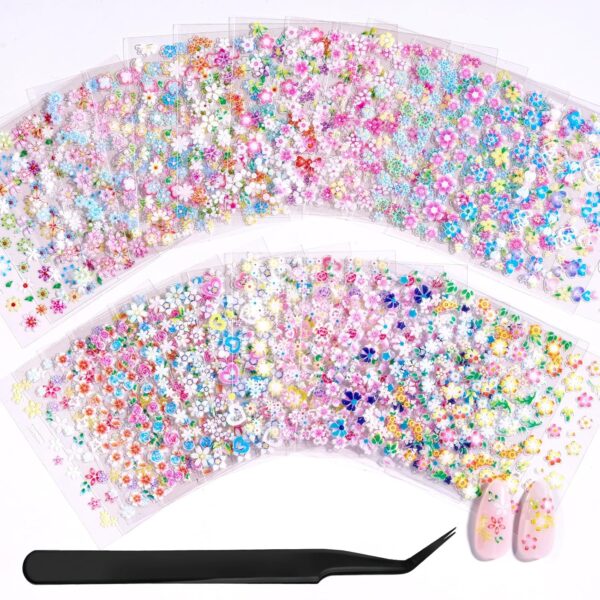 Nail Art Stickers 30 Sheets 3D Flower Nail Stickers Color Heart Nails Design Supplies DIY Decals Decoration Nails Art for Women Girls