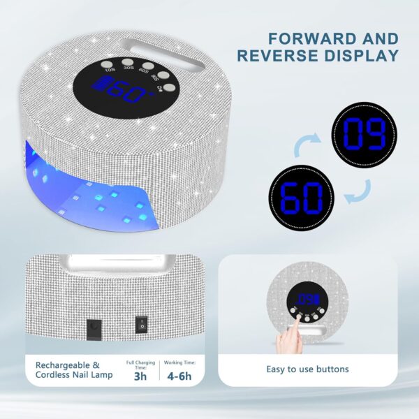 UV LED Nail Lamp, 54W Rechargeable Cordless UV Light for Nail Gel Polish Nail Dryer with 4 Timer Setting, Professional Quick Curing Lamp with Display Sensor for Salon & Home (Silver Diamond)