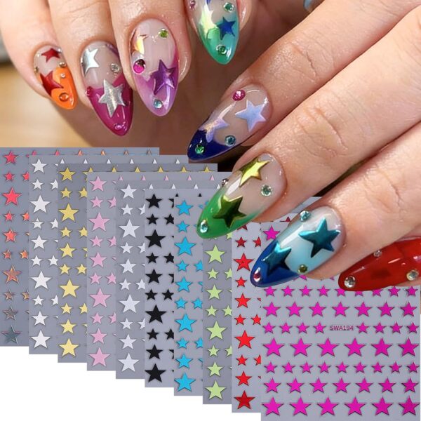 Star Nail Stickers for Nail Art 10 Colors Star Nail Decals Metallic Gold Silver Black White Star Nail Art Designs Y2K Style Self-Adhesive Nail Supplies Starligh DIY Sliders Manicure Decoration