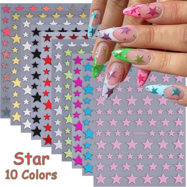 Star Nail Stickers for Nail Art 10 Colors Star Nail Decals Metallic Gold Silver Black White Star Nail Art Designs Y2K Style Self-Adhesive Nail Supplies Starligh DIY Sliders Manicure Decoration