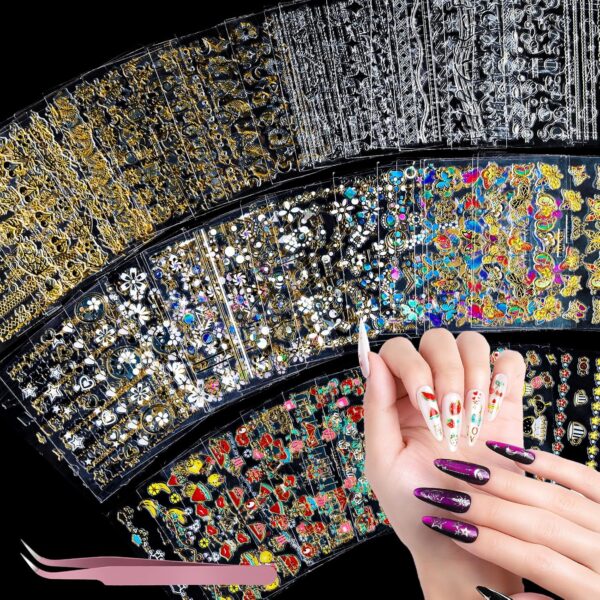 50 Sheets Nail Stickers for Kids, Cute Nail Decals for Girls Women, 3D Self Adhesive Gold Nail Stickers for Nail Art, Star Fruit Butterfly Silver Nail Art Deals for Holiday