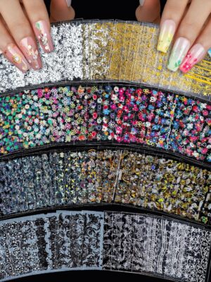 7 Styles Nail Stickers for Nail Art, 100 Sheets Nail Art Stickers for Kids Women, 3D Self Adhesive Flower Fingernail Stickers for Spring, Silver & Gold, Black & White Nail Decals for Nail Art