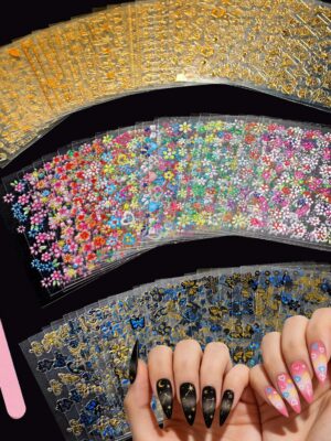 90 Sheets Nail Stickers for Nail Art DIY, 3D Nail Art Stickers Decals, Self Adhesive Floral Design Decals for Women and Girls